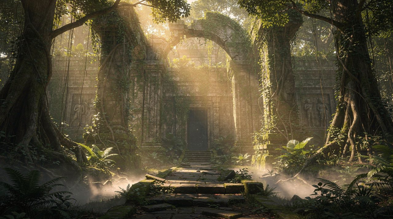 Ancient forest temple, morning light, mist, cinematic