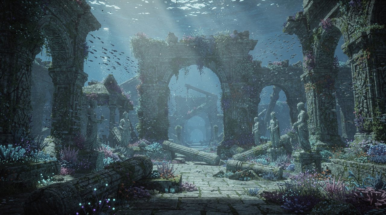 Underwater city ruins, bioluminescent coral, cinematic