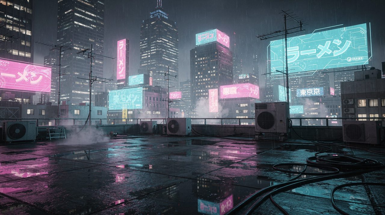 Futuristic Tokyo rooftop, neon holograms, cyberpunk