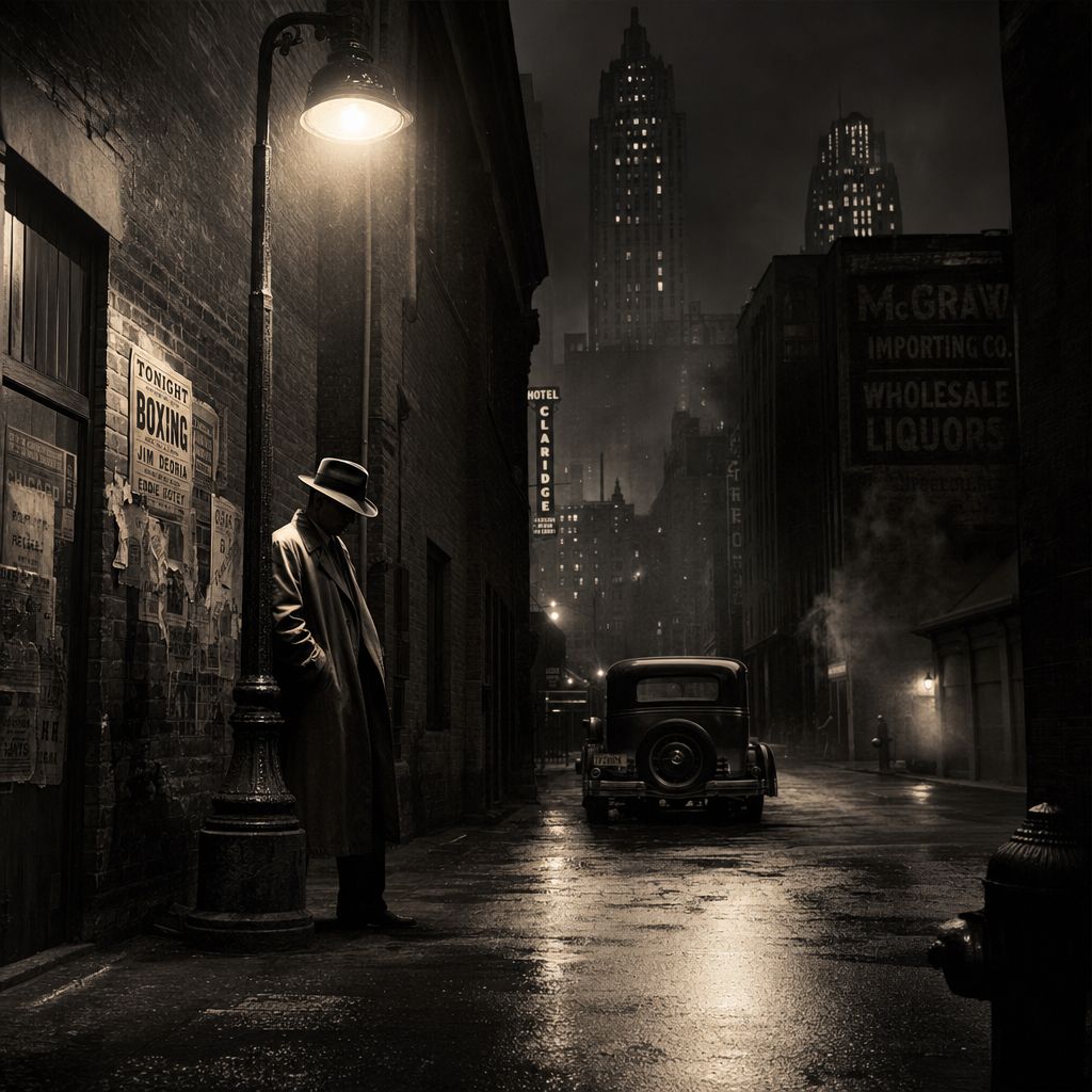 Rain-soaked alley in 1940s Chicago, detective in trench coat, single lamppost, film noir