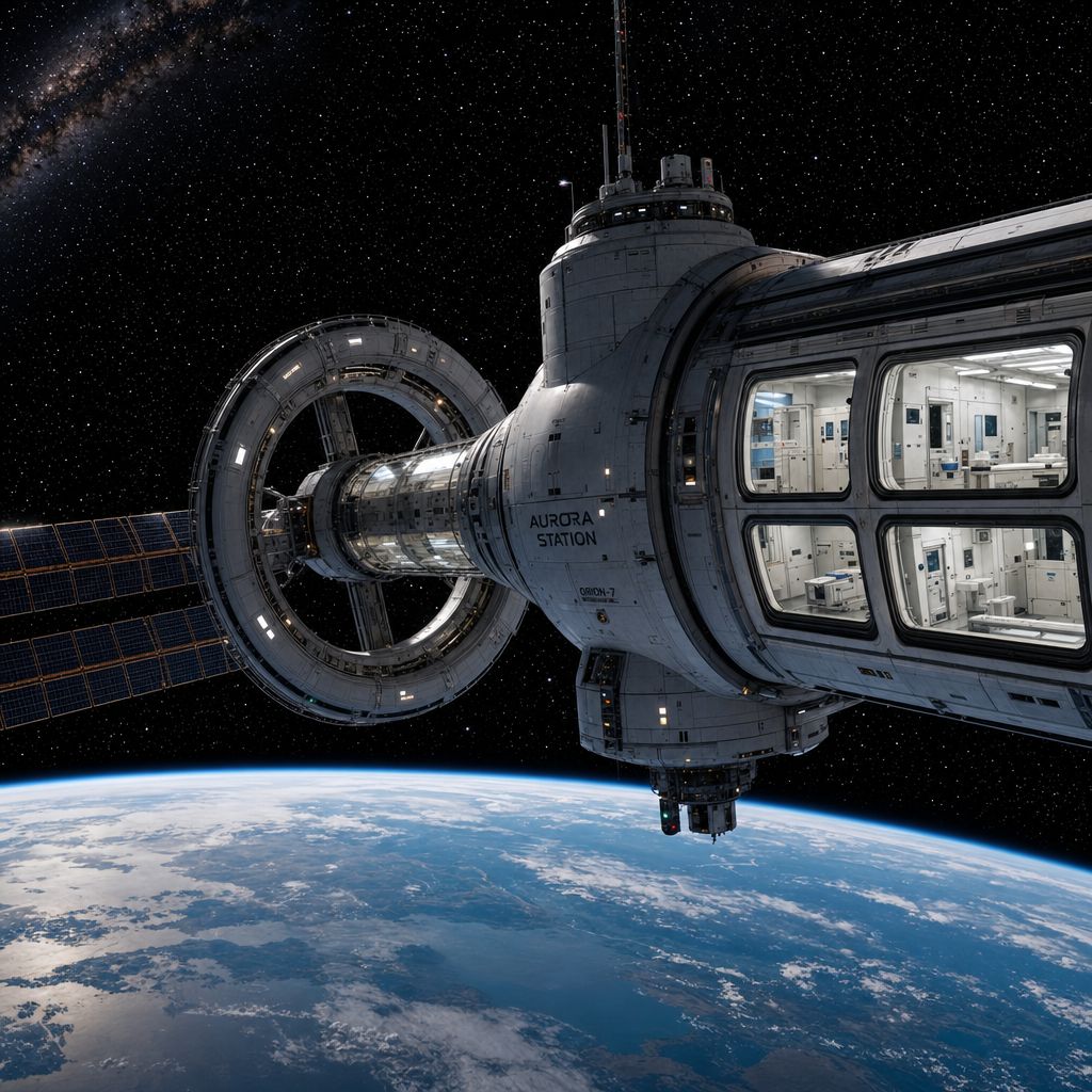 Space station rotating in orbit above Earth, stars in background, clinical white interior