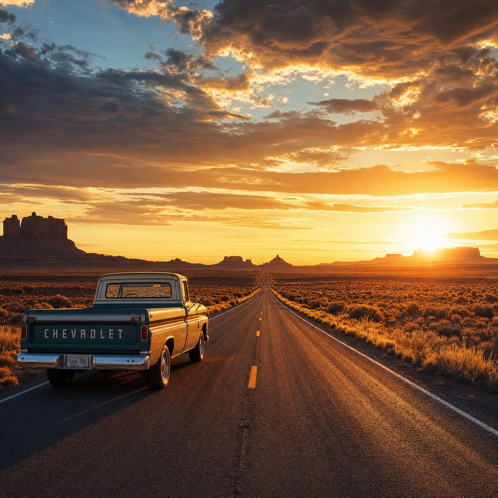 Golden hour desert road, vintage pickup truck, dramatic cloudscape, warm tones