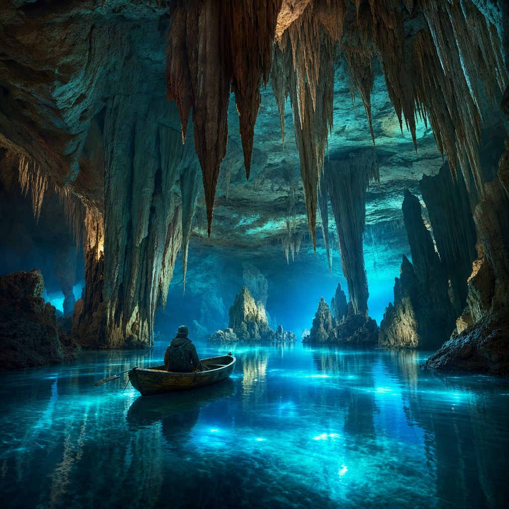 Bioluminescent cave lake, turquoise glow, stalactites, explorer in small boat