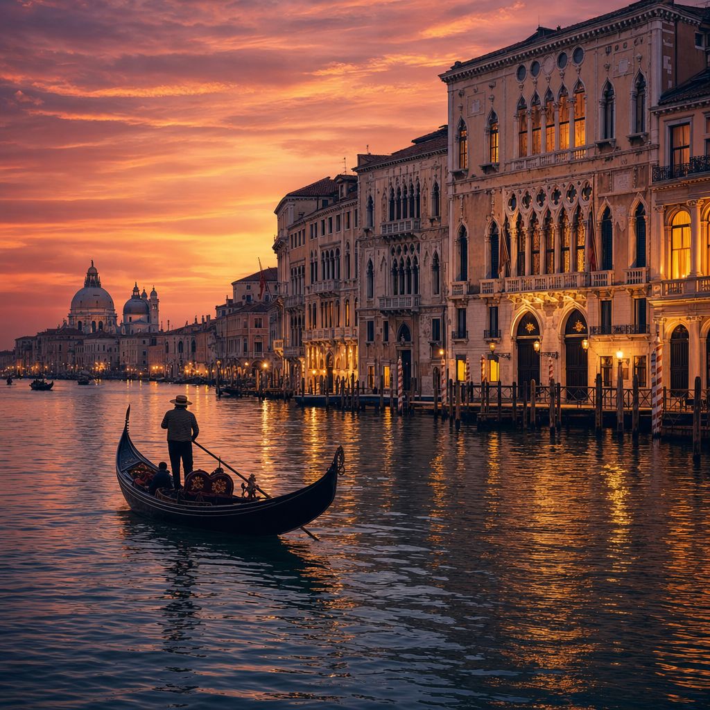 Venice canal at sunset, gondola silhouette, palazzo reflections, amber sky