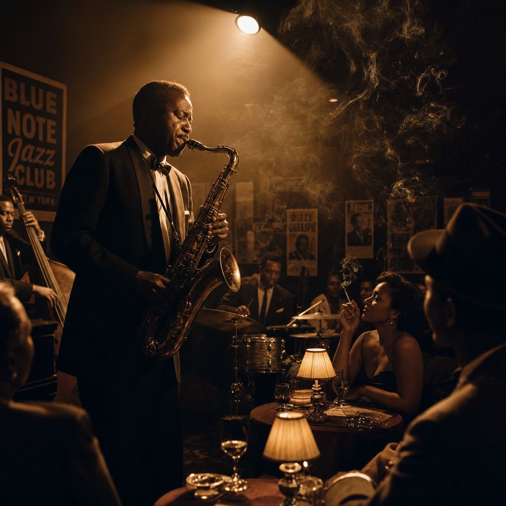Jazz club interior 1950s, saxophone player spotlight, cigarette smoke swirling