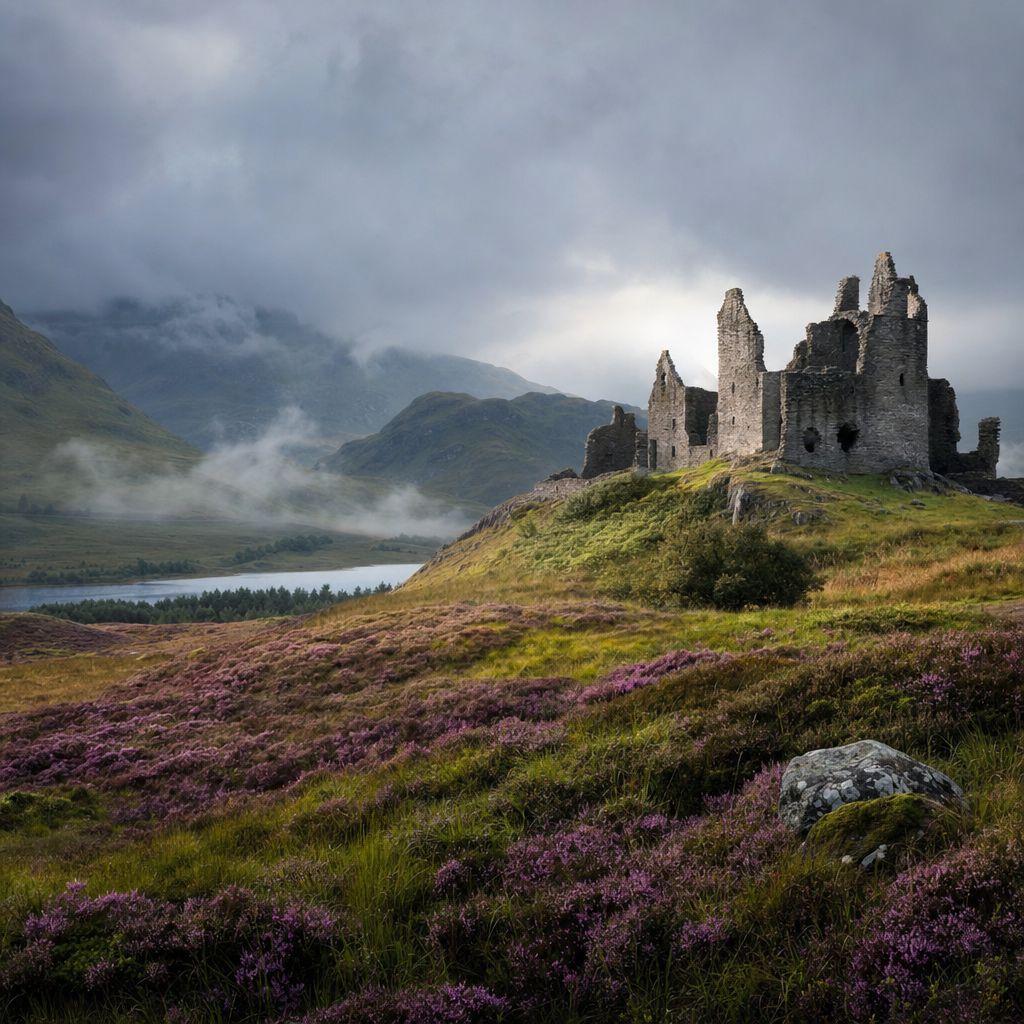 Scottish highlands misty morning, lone stone castle ruin, purple heather