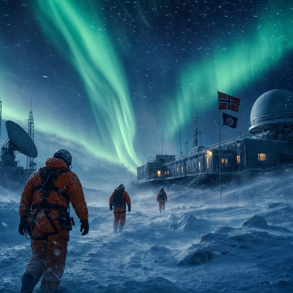 Arctic research station, aurora borealis, scientists in pressure suits, snow drift