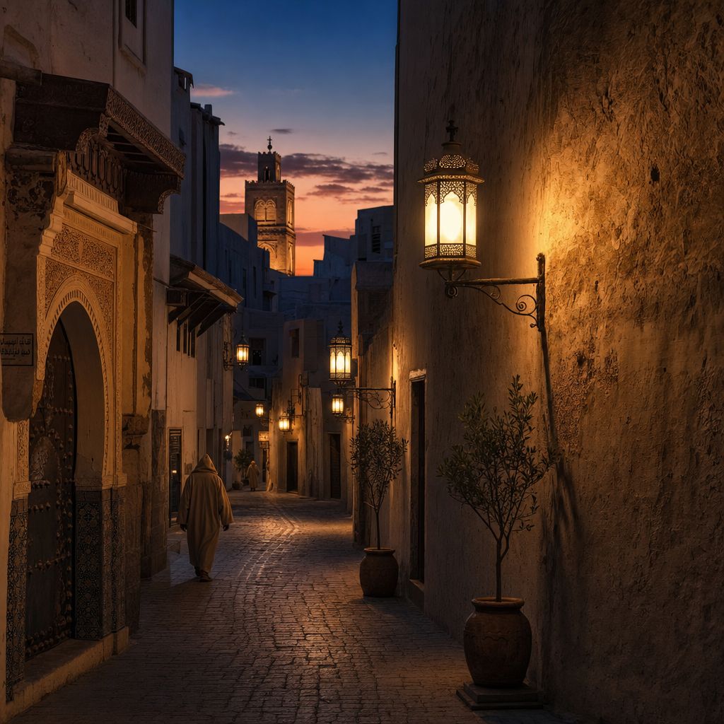 Moroccan medina at twilight, narrow alley, warm lantern light, long shadows