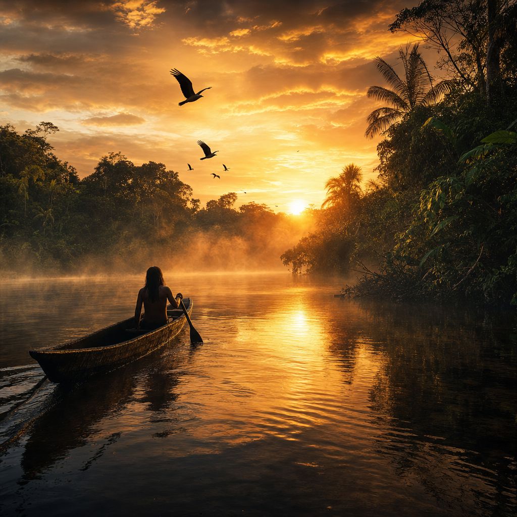 Amazon river at dawn, mist rising, dugout canoe, tropical birds in silhouette