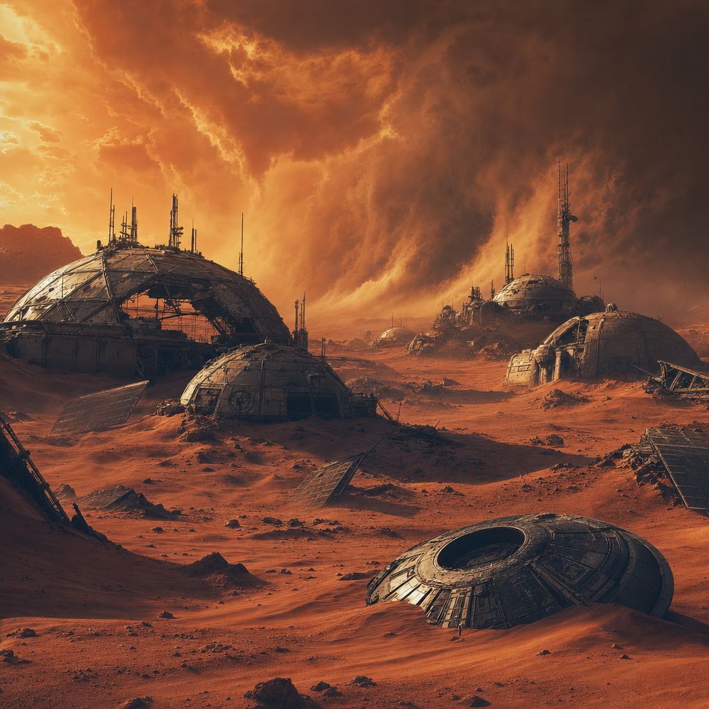 Abandoned space colony, dust storms, ruins of habitation domes, orange sky