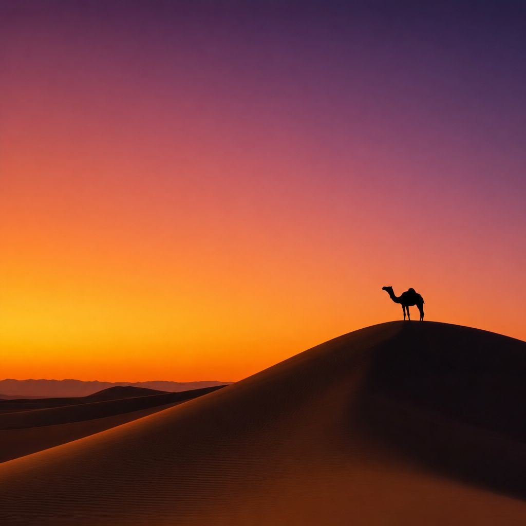 Saharan dunes at magic hour, single camel silhouette, gradient sky