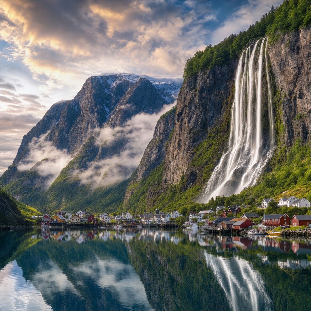 Norwegian fjord, waterfall into glassy water, fishing village, dramatic mountains