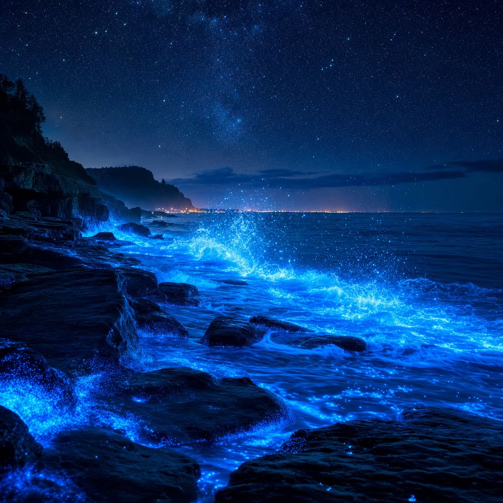 Bioluminescent ocean at night, crashing waves, blue glow, rocky shoreline