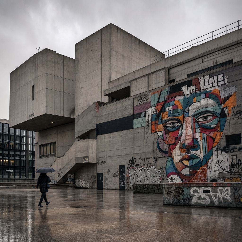 Berlin brutalist architecture, grey sky, graffiti, lone pedestrian