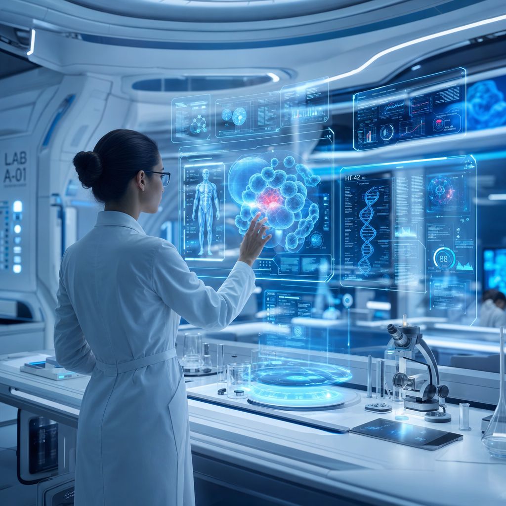 Laboratory interior, scientist at workstation, holographic displays, clean white